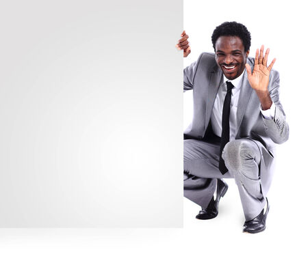 black businessman with panel isolated の写真素材