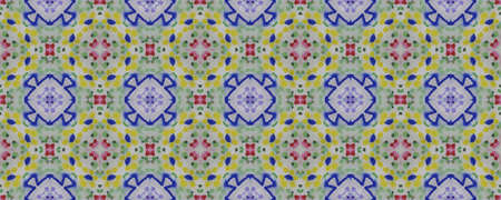 Watercolor Geometric Background. Abstract Shibori Print. Seamless Tie Dye Rapport. Ikat African Print. Blue, Indigo, Yellow, Red Seamless Texture. Ethnic Watercolor Geometric BG.の写真素材