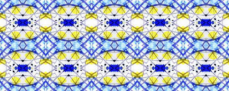 Boho Fabric. Abstract Shibori Design. Repeat Tie Dye Rapport. Ikat Islamic Print. Yellow, Blue and White Seamless Texture. Ethnic Tribal Boho Fabric Pattern.の写真素材
