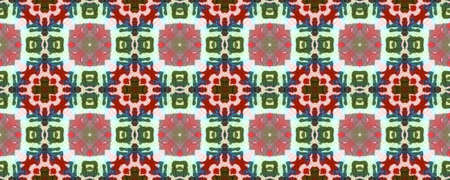 Ethnic Pattern. Abstract Ikat Print. Green, Blue, Red, Indigo Seamless Texture. Repeat Tie Dye Illustration. Ikat Russia Design. Ethnic CraftHand Made Pattern.の写真素材