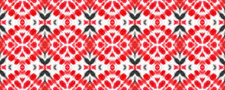 Tibetan Fabric. Abstract Shibori Design. Red, Black, White Seamless Texture. Repeat Tie Dye Rapport. Ikat Russia Design. Tibetan Hand Drawn Fabric Print.の写真素材