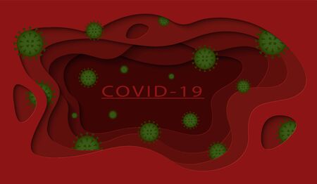 Coronavirus banner paper cut art. Red background with virus bacteria cells paper cutout designのイラスト素材