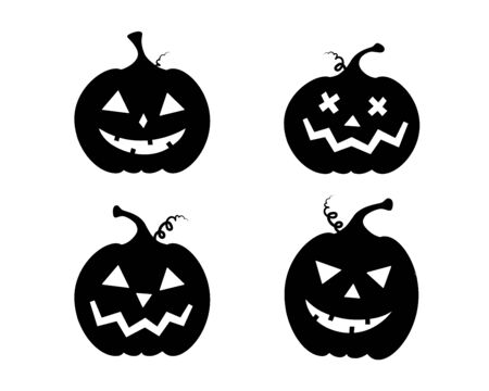 Set of Halloween pumpkins with carved faces black isolated illustration on white background. Editable iconsのイラスト素材