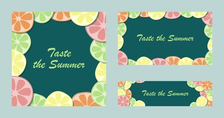 Citrus fruits editable background with grapefruit, orange, lemon, and lime. Bright colorful horizontal summer bannersのイラスト素材