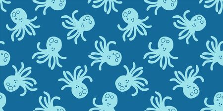 Octopus seamless pattern. Doodle hand drawn editable sea illustration. Blue marine cartoon octopod endless backgroundのイラスト素材