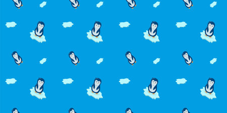 Cute penguin cartoon seamless pattern on blue background, editable illustration for wrapping paperのイラスト素材