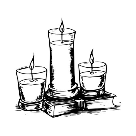 A composition of burning candles and a book, doodle hand-drawing set, sketch on white background, concept of comfortのイラスト素材