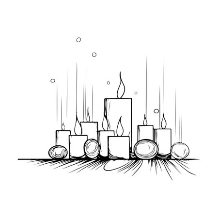 A composition of burning candles, doodle hand-drawing set, editable sketch on white background, concept of comfortのイラスト素材