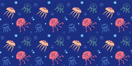 Jellyfish seamless pattern, editable doodle illustration, marine blue background with bright...