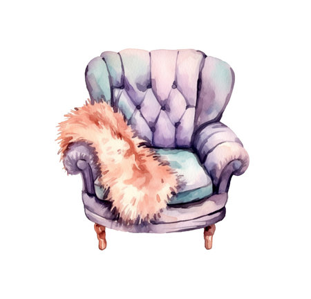A cute beige fur blanket on a soft violet vintage armchair, watercolor illustration, isolated on white backgroundの写真素材