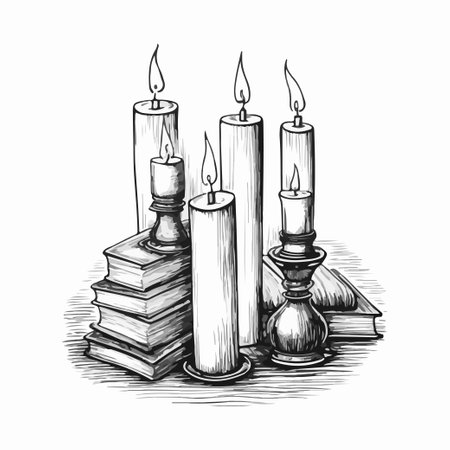 A composition of burning candles and a stack of books, doodle hand-drawing sketch on white background, comfort conceptのイラスト素材