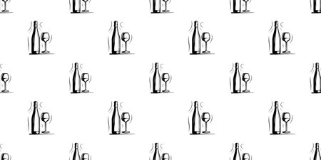 Bottle and glass of wine seamless pattern, black contour on white background, editable doodle illustrationのイラスト素材