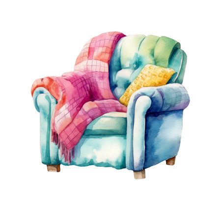 A cute bright pink blanket on a soft green and blue vintage armchair, watercolor drawing, isolated on white backgroundの写真素材