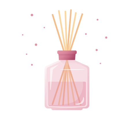 Home rose fragrance, pink glass bottle with aroma sticks, perfume for home, flat editable object on white backgroundのイラスト素材
