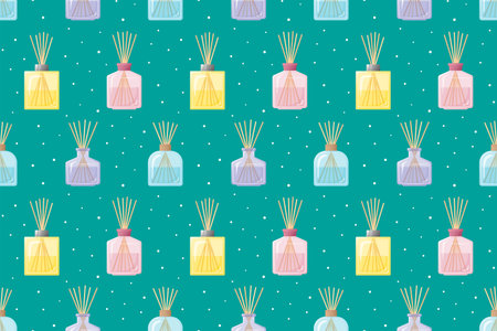 Home fragrances seamless pattern, glass bottles with aroma sticks, green background with perfumes for home, flat designのイラスト素材