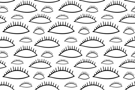 Seamless pattern with eyes, simple doodle background, abstract hand drawing, black contour on white backgroundのイラスト素材