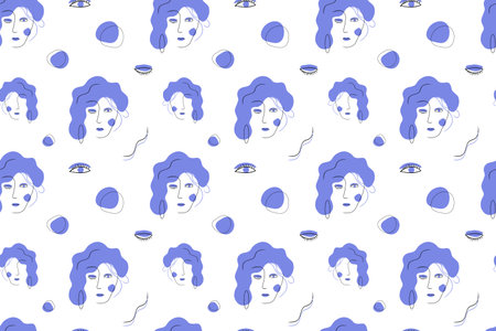 Seamless pattern with abstract woman face, eyes, blue spots, wavy lines on white background, editable hand drawingのイラスト素材