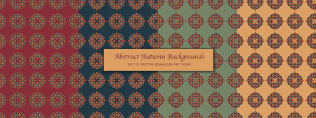 Set of abstract seamless pattern, circle geometric shapes of autumn fallen leaves colors, editable stroke backgroundsのイラスト素材