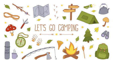 Vector Camping Set. Backpacking and Hiking Colorful Doodle Illustrations on White Background. Local Tourismのイラスト素材