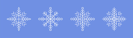 White Snowflakes on blue background. Vector Winter isolated icons in silhouette. Snow Crystals. Simple Line Styleのイラスト素材