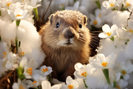 Curious Groundhog Peers Through Snow Covered Crocuses. Spring Arrival. Groundhog Day And Wildlife Concepts. Ai Generativeの素材