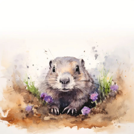 Curious Groundhog Watercolor Painting with Earthy Browns and Floral Accents. Perfect for Spring Themes Decor or Groundhog Day Greeting Cards. AI Generatedの素材