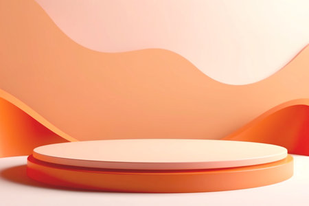 Minimalist Apricot Crush Colored Podium with Wavy Backdrop. Modern 3D Render. Ideal For Contemporary Product Showcases and Displays. AI Generated.の素材