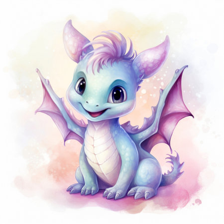 Charming Cartoon Baby Dragon. Soft Pastel Blue and Pink Colors. Symbol of 2024, Chinese New Year. Ideal For Children Book Illustrations. AI Generatedの素材