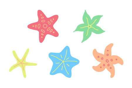 Vector Sea Stars Set. Doodle Vibrant Multicolored Seastars, Isolated Collection on White Backgroundのイラスト素材