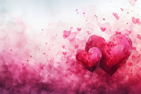 Watercolor Background for Valentine's Day theme. Greeting Card or Wedding Invitation with Red Hearts. Wide Format Horizontal Banner. AI Generated.の素材
