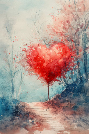 Watercolor Greeting Card with ed Heart Shaped Tree for Valentine's Day theme. Vertical Postcard. AI Generated.の素材