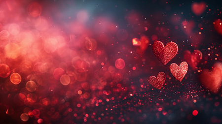 Abstract background for Valentine Day theme with red Hearts copy space for text. Dark Blurred backdrop. Wide format horizontal banner. AI Generatedの素材