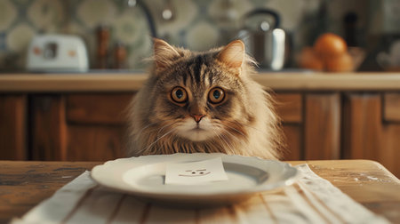 April Fool's Kitty Prank: A Tabby Cat Is Tricked with an Empty Bowl Featuring a Cheeky Smiley. Humor of April Fools' Day. The Warm Kitchen Light. AI Generatedの素材