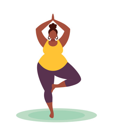 Plus Size Black Woman Practicing Yoga. The Tree Asana. Body Positivity. Flat Vector Illustrationのイラスト素材