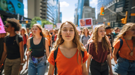 Vivid women's march. Diverse female participants walking down a city street. The fight for women's rights and equality, the spirit of solidarity. AI Generatedの素材