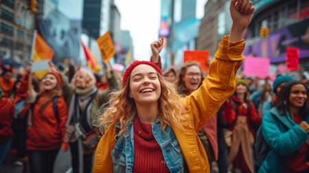 Vivid women's march. Diverse female participants walking down a city street. The fight for women's rights and equality, the spirit of solidarity. AI Generatedの素材