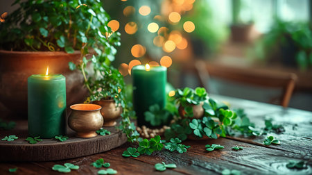 Rustic wooden table with St. Patrick's Day decorations including green candles, shamrocks, and pot of gold. Wide-format St. Patrick's Day banner. AI Generatedの素材