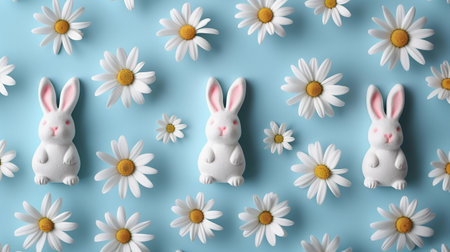 White Ceramic Bunnies and White Chamomile Flowers in Soft Blue Background. Charming Easter Banner in Spring Pastel Palette. AI Generatedの素材