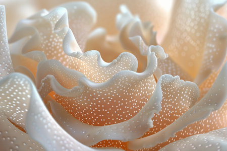 Macro Shot of Delicate Folds of Jellyfish's Epidermis. Soft Palette Of Cream and Peach Tones. Swirling Patterns, Adorned With Dots. Earth Day. AI Generatedの素材