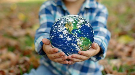 Kid's Hands Keep a Miniature Earth Planet. Vibrant Greenery and Soil in Background. Ecology, Environmental Protection, And Earth Day. AI Generatedの素材