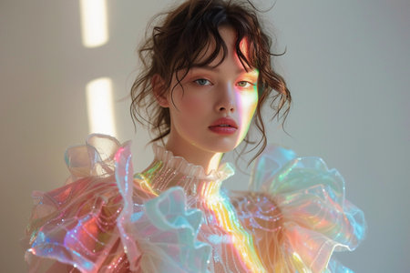 Young Female Caucasian Model With Natural Makeup and Curly Dark Hair in Shimmering Iridescent Dress. Play Of Light Casting Rainbow Reflections on Her Face. AI Generatedの素材