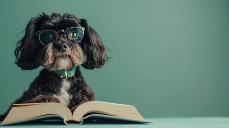 Inquisitive Black Cockapoo Puppy in Glasses Reading a Book. Back to School, Exam Preparation, and Graduation. Soft Green Minimalist Background with Copy Space. AI Generatedの素材