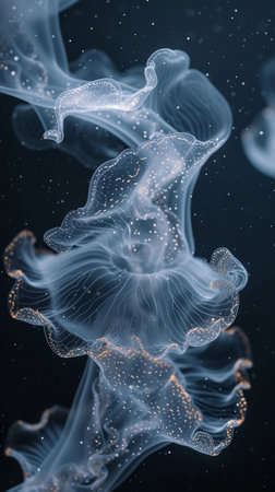 Close-up of Jellyfish with Detailed Texture Patterns in White and Blue Hues Against a Dark Background. Marine Biology and Environmental Conservation. Earth Day. AI Generatedの素材