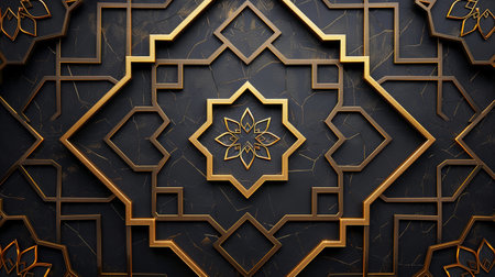 Abstract background with modern reinterpretations of traditional Islamic geometric patterns. Monochrome palette with accents of gold lines. AI Generatedの素材