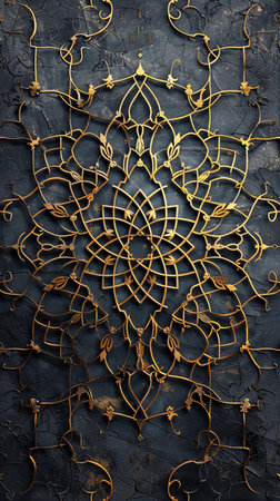 Abstract background with modern reinterpretations of traditional Islamic geometric patterns. Monochrome palette with accents of gold lines. AI Generatedの素材