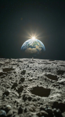 Astronaut Standing On The Moon Surface With Earth Rising In Background. Human Space Flight, Space Exploration, Human Achievement, Science Fiction. Vertical Banner. AI Generatedの素材