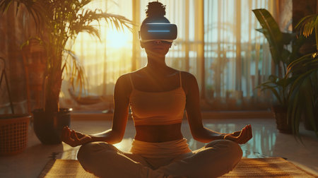 Woman In VR Headset Practicing Yoga at Home, Serene Sunset Meditation, Modern Wellness Technology, Virtual Reality, AI Generatedの素材