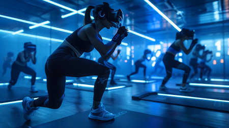 Female Fitness Class Using VR Headsets, High-Energy Virtual Reality Workout, Neon Dynamic Gym Environment, AI Generatedの素材