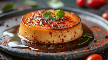 Caramel Flan with Mint Leaf, Served On A Ceramic Plate, Blurred Background. Mexican and Latin American Cuisine. Cinco de Mayo or Dia de Los Muertos Celebration. AI Generatedの素材