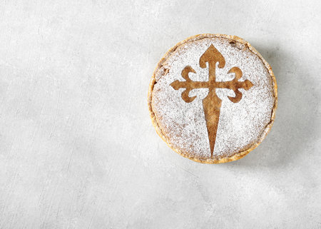 Santiagos cake is a traditional cake from Galician cuisine, Spain, top view, copy spaceの写真素材